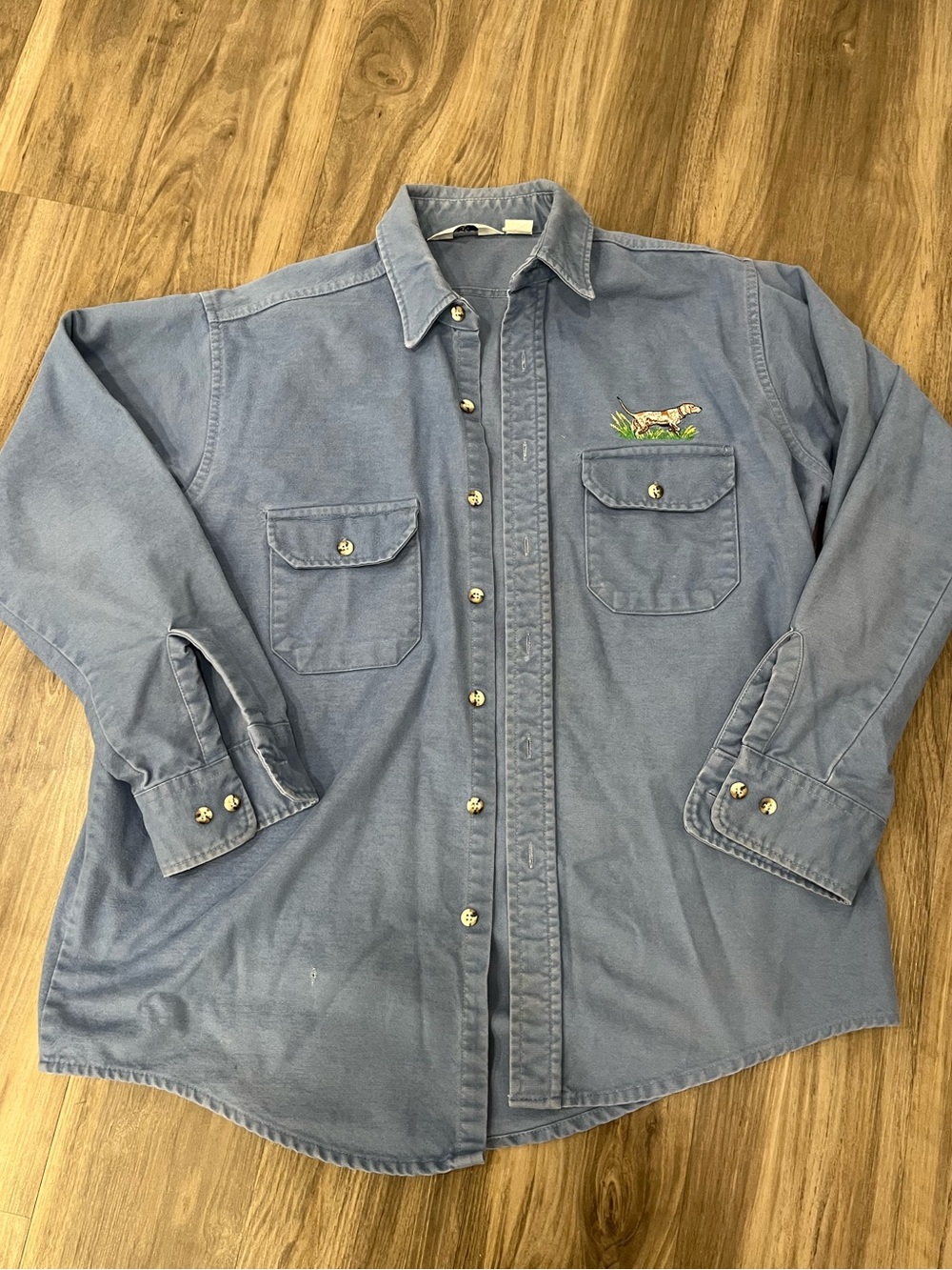 Vintage canvas Blue Long-Sleeve Button-Up Shirt with Embroidered dog